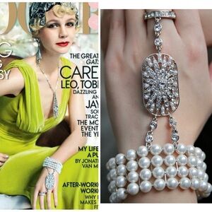 Pearl and Crystal Drop Hand Bracelet - Silver and White